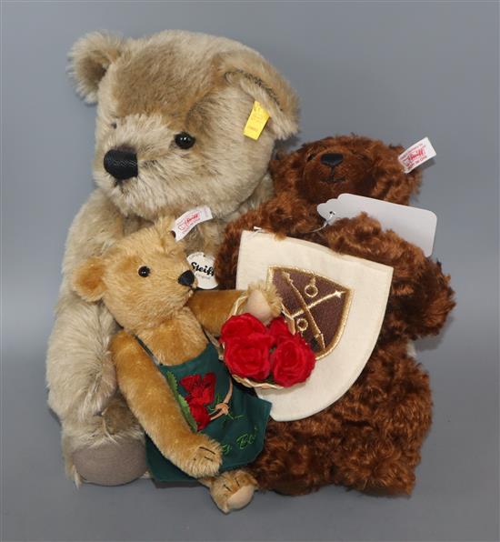 A Steiff original yellow tag, a white tag bear with no box, and a Gardening bear with white label and no box